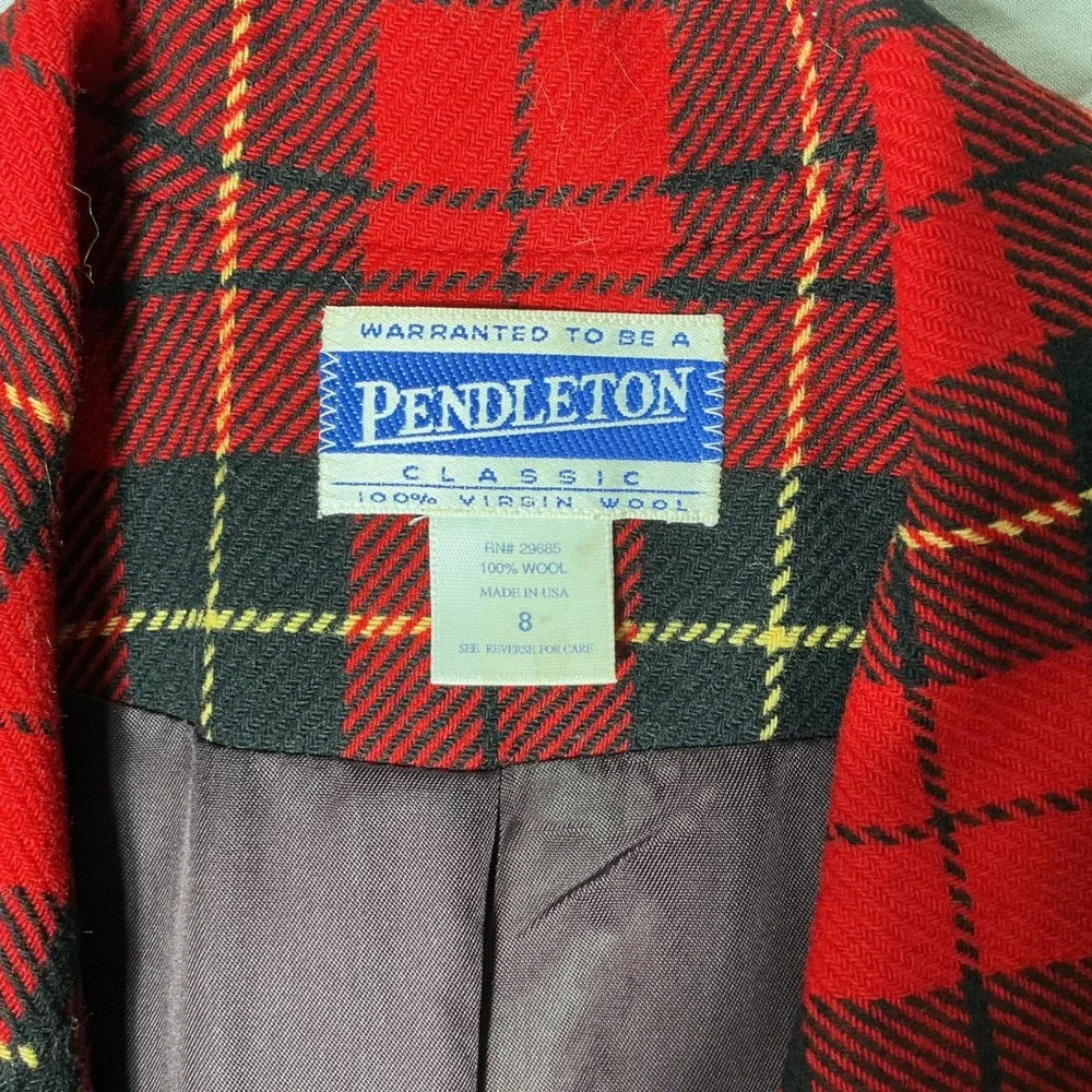 Pendleton Blazer Women 8 Red Black Plaid Wool‎ Classic Gold Button Made in USA